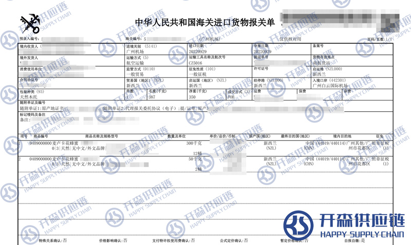 麥盧卡花蜂蜜進(jìn)口報(bào)關(guān)代理公司